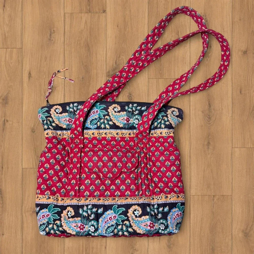 Vintage Quilted Cotton Shoulder Tote Bag Red Navy Paisley Floral Boho Y2K